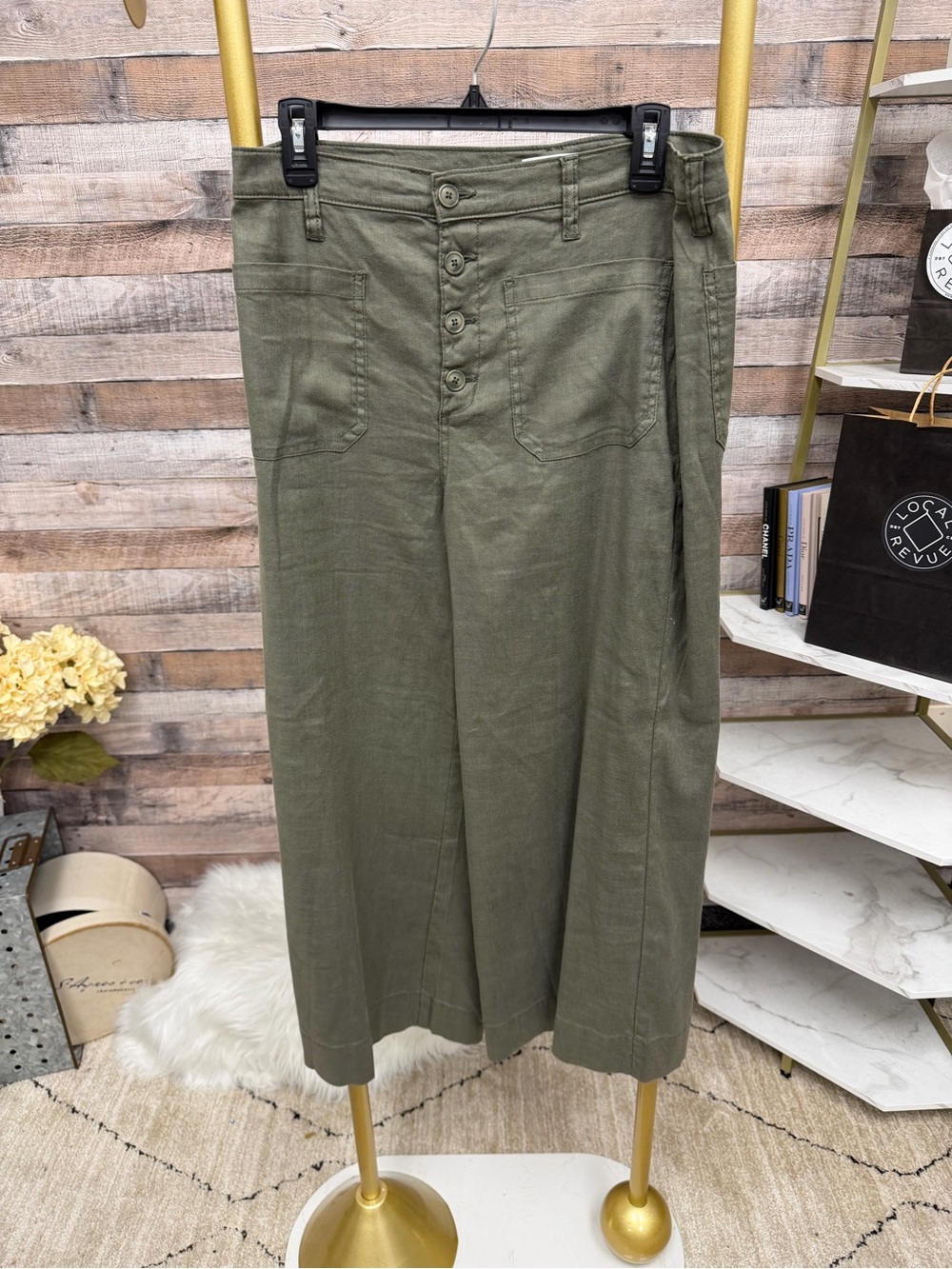 Evereve Green Cropped Linen Blend Pants 31
